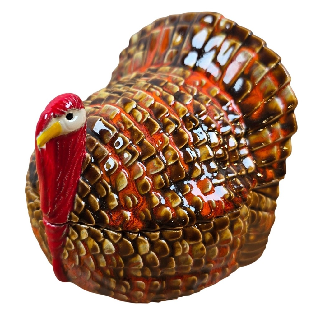 Ceramic Lidded Turkey Dish Candy Bowl Centerpiece Thankgiving Brown Orange VTG